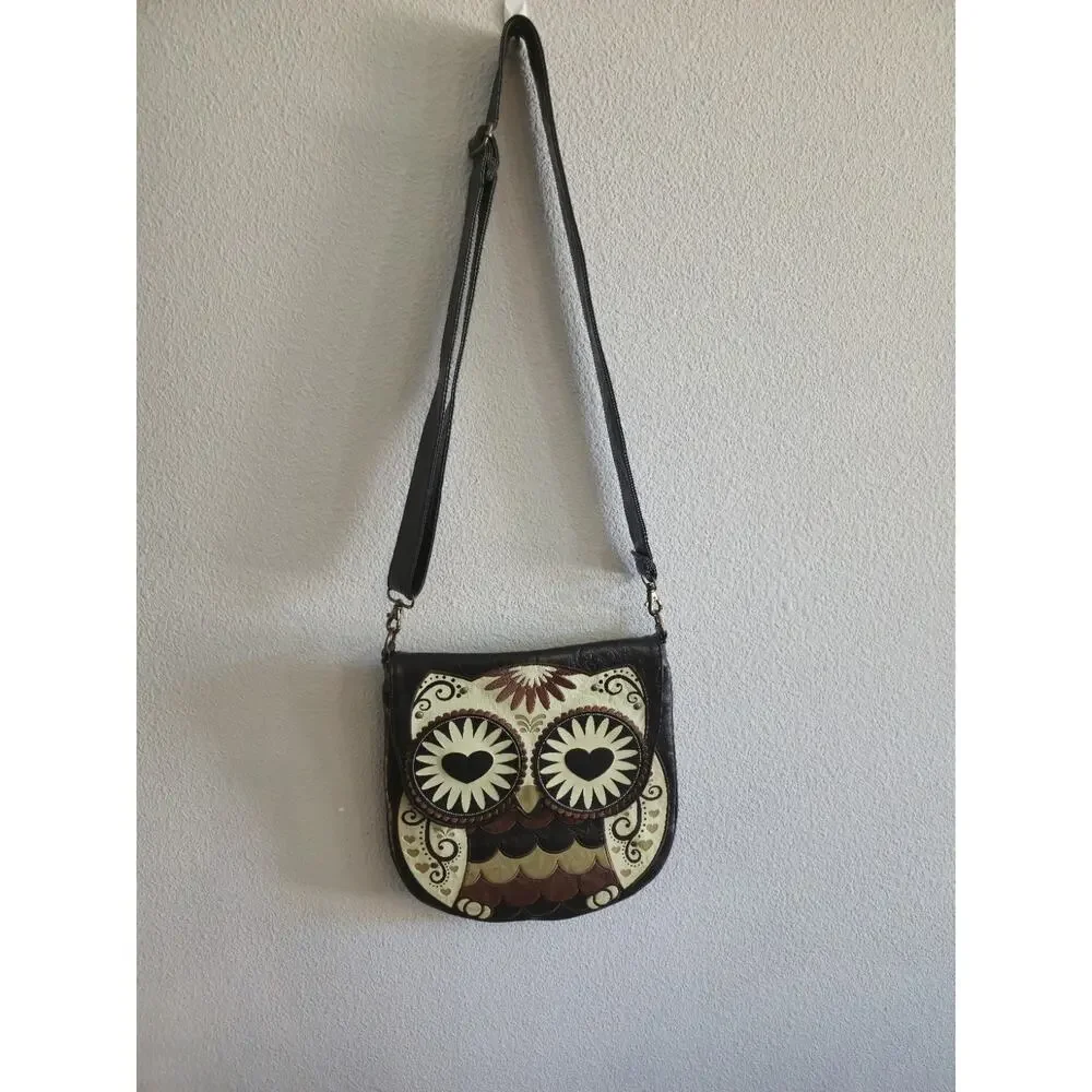 Loungefly Woman's Vaulted Retro Brown Owl Patchwork Crossbody Messenger Bag